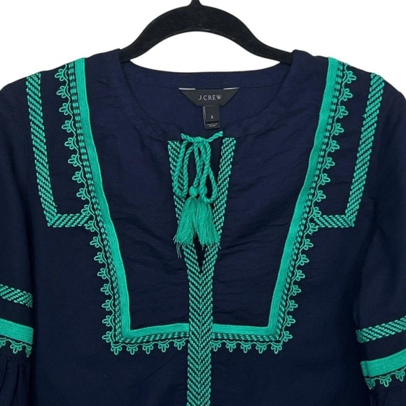 J Crew Blouse Womens 2 Navy Blue Green Embroidered Peasant Boho Top‎ Tassel Trim - Picture 6 of 11